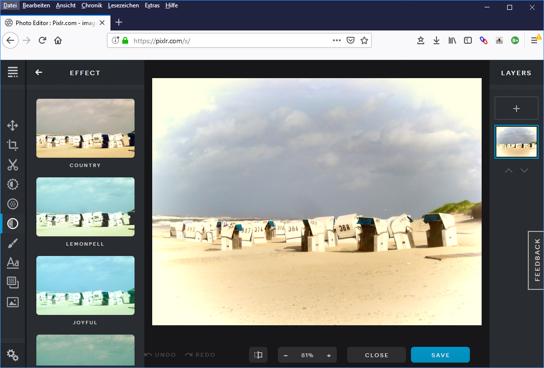 Ein Bild welches das Bearbeitungsfeld von einem Bild in Pixlr.com zeigt